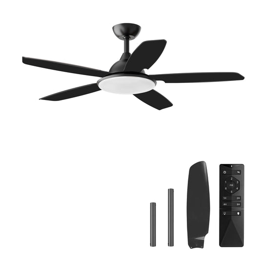 KISSAIR 52 In 5 Baldes Ceiling Fan with Light and Remove Control 6 Speeds & Reversible DC Motor,3 Color Dimmable LED, Ultra Quiet 45dB, Timer Function,Black