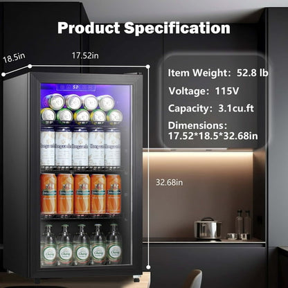 KISSAIR 3.1Cu.Ft, Beverage Cooler Wine Refrigerator - 105 Can Soda or Beer Mini Fridge, Small Wine Cellar for Home, Office and Bar, Compact Drink Cooler,Electronic Temp Control, Black