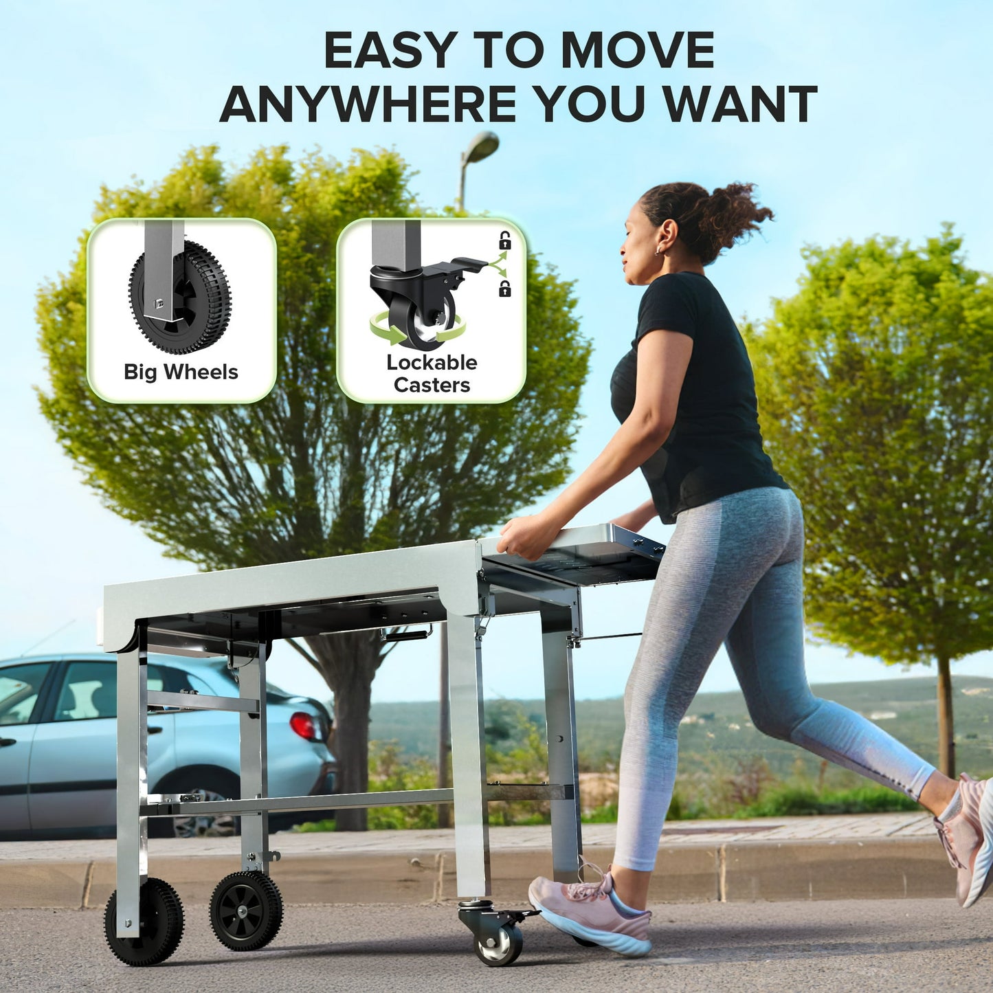 LHRIVER Folding Outdoor Grill Cart, Stainless Steel Portable BBQ Dining Table with Double-Shelf, Mobile Multifunctional Food Prep Station