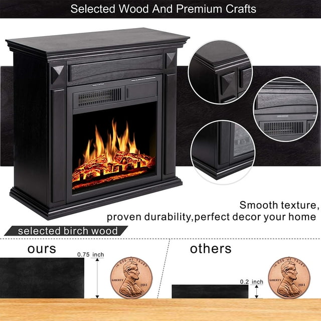 KISSAIR 26’’ Mantel Electric Fireplace Heater Small Freestanding Infrared Quartz Fireplace Stove Heater w/Log Hearth& Wood Surround Firebox, Adjustable Led Flame, Remote Control, 750W-1500W (Black)