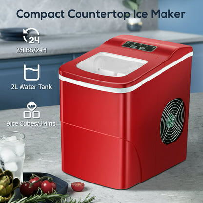 KISSAIR Counter top Ice Maker Machine, Compact Automatic Ice Maker,9 Cubes Ready in 6-8 Minutes, Portable Ice Cube Maker with Scoop and Basket, Perfect for Home/Kitchen/Office/Bar (Red)