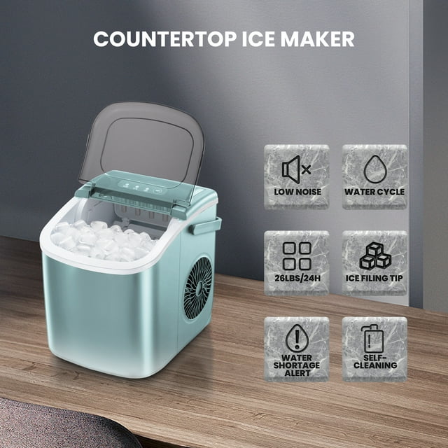 KISSAIR Countertop Ice Maker Portable Ice Machine with Handle,  Self-Cleaning Ice Makers, 26Lbs/24H, 9 Ice Cubes Ready in 6 Mins for Home  Kitchen Bar Party Gray …
