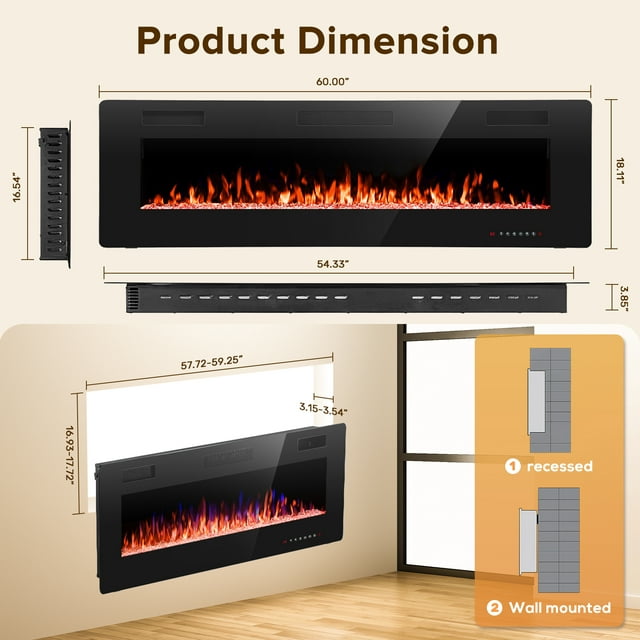 KISSAIR 60” Indoor Electric Fireplace Ultra Thin Fireplace, Wall Mounted Recessed Fireplace with Multiple Colors