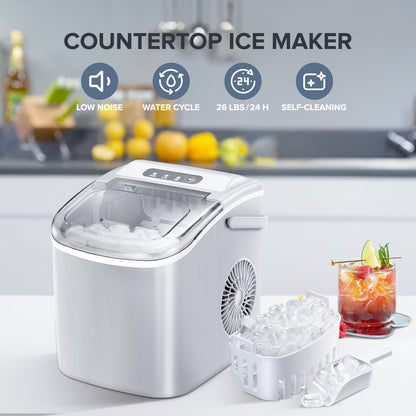KISSAIR Countertop Ice Maker Portable Ice Machine with Handle, Self-Cleaning Ice Makers, 26Lbs/24H, 9 Ice Cubes Ready in 6 Mins for Home Kitchen Bar Party White