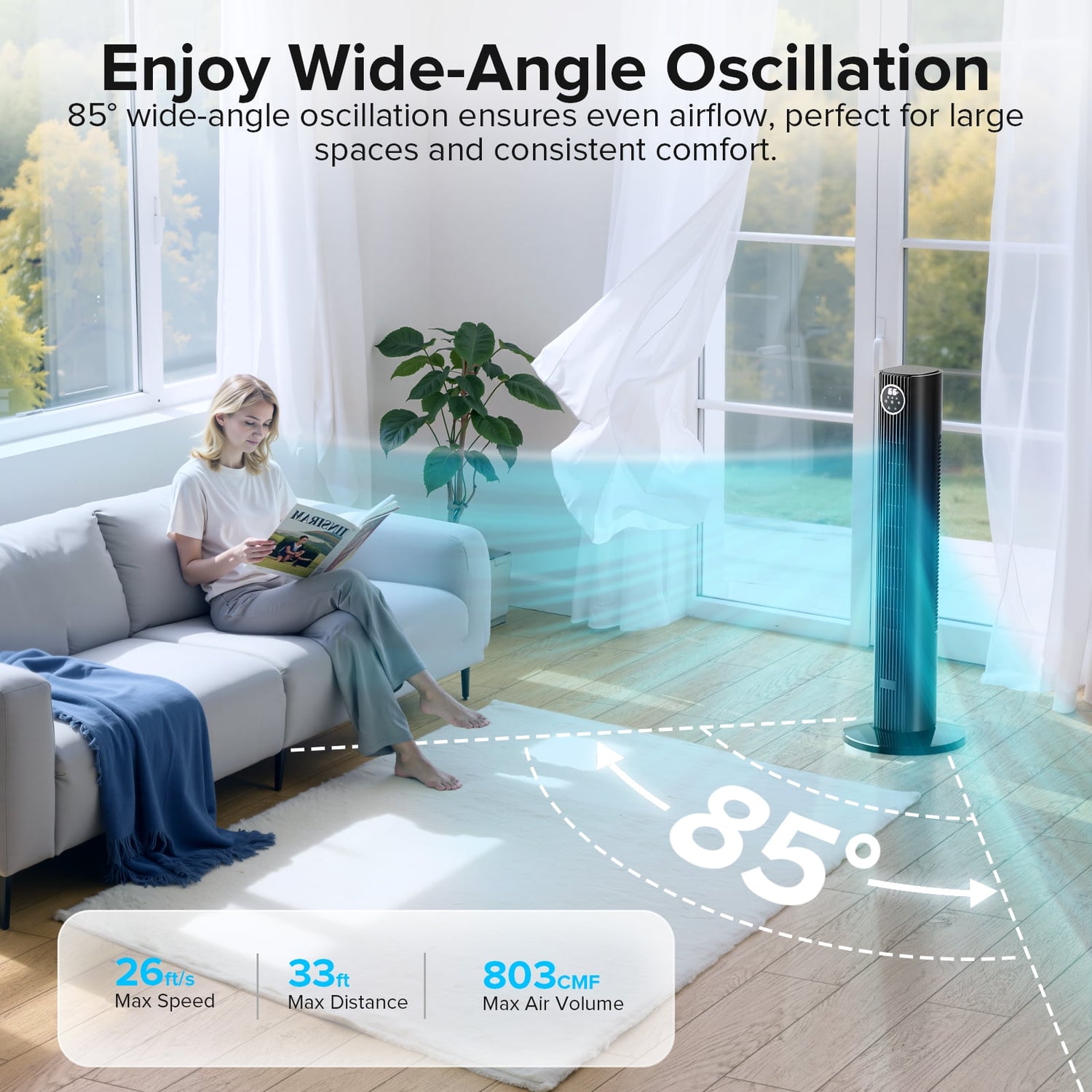 35 Inch Tower Fan 25ft/s Standing Fan 85° Oscillating Fan with 3 Speeds and 4 Modes 5323