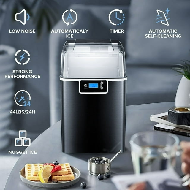 KISSAIR Nugget Ice Maker Countertop with Soft Chewable Pellet Ice, Self-Cleaning, LED Display, 44lbs/24H, Suitable for Home/Kitchen/Bar/Party-Black