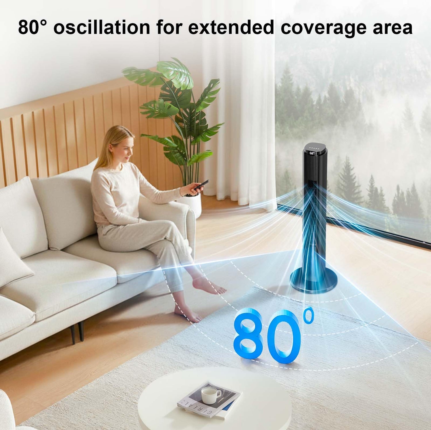 37 Inch Bladeless Tower Fan 80° Oscillating 23ft/s with 4 Mode 6 Speeds and 12H Timer 53025ETF0