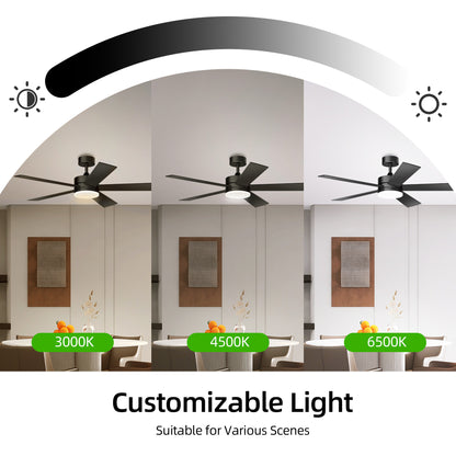 KISSAIR 52 In Ceiling Fan 5 Blades with Light and Remove Control 6 Speeds & Reversible DC Motor,3 Color Dimmable LED, Ultra Quiet 45dB, Timer Function ,Black
