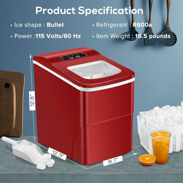 KISSAIR Countertop Ice Makers, 9 Pcs/6-8 Mins, 26Lbs/Day, Portable Ice Machine with Self-Cleaning, S/L Cubes Size with Ice Scoop & Basket, Suitable for Home/Bar/Office/Party, Red