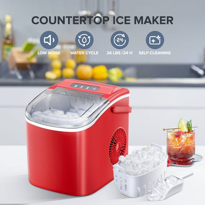 KISSAIR Countertop Ice Maker, Portable Ice Machine with Self-Cleaning, 26Lbs/24H, 9 Ice Cubes Ready in 6 Mins, for Home/Kitchen/Bar, Red