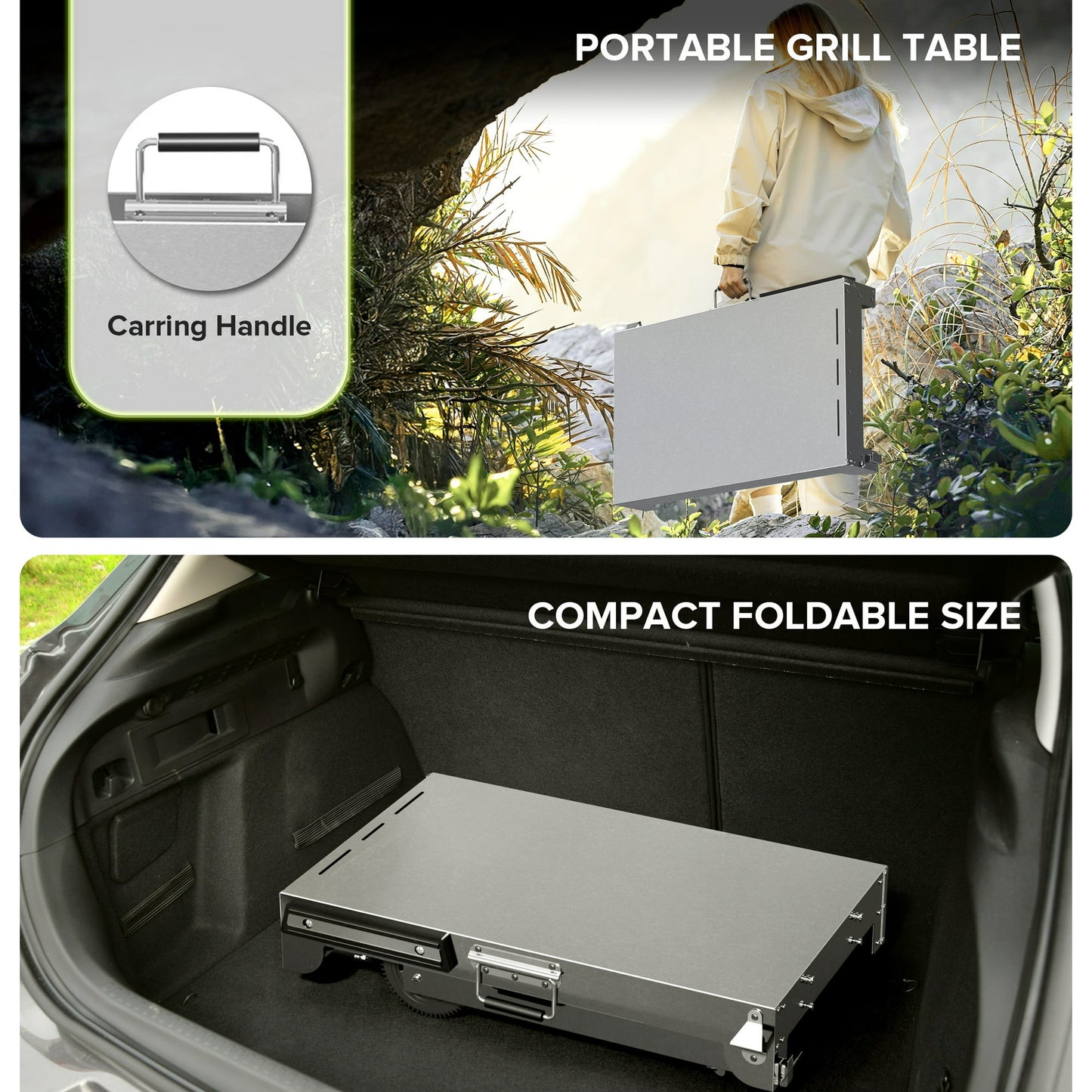LHRIVER Folding Outdoor Grill Cart, Stainless Steel Portable BBQ Dining Table with Double-Shelf, Mobile Multifunctional Food Prep Station