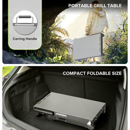 LHRIVER Folding Outdoor Grill Cart, Stainless Steel Portable BBQ Dining Table with Double-Shelf, Mobile Multifunctional Food Prep Station