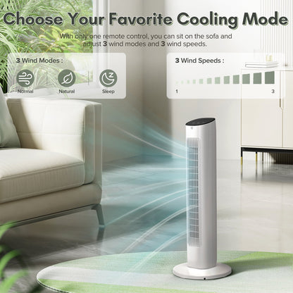 KISSAIR 30" Tower Fan for Bedroom, 3 Fan Modes with LED Display, 15H Timer, 85°Oscillation Fans, 3 Speeds, Remote Control for Home/Bedroom/Office, White