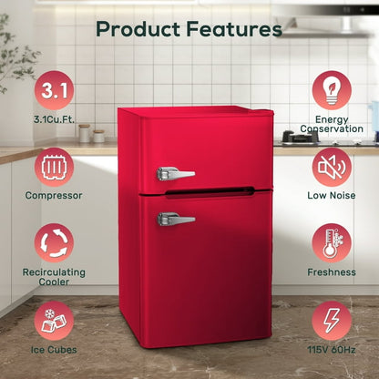 KISSAIR Mini Fridge 3.2Cu.ft 115 Volt 60 Hz AC Low Noise Adjustable Temperature Suitable for Kitchen Living Room Office and Dormitory Red