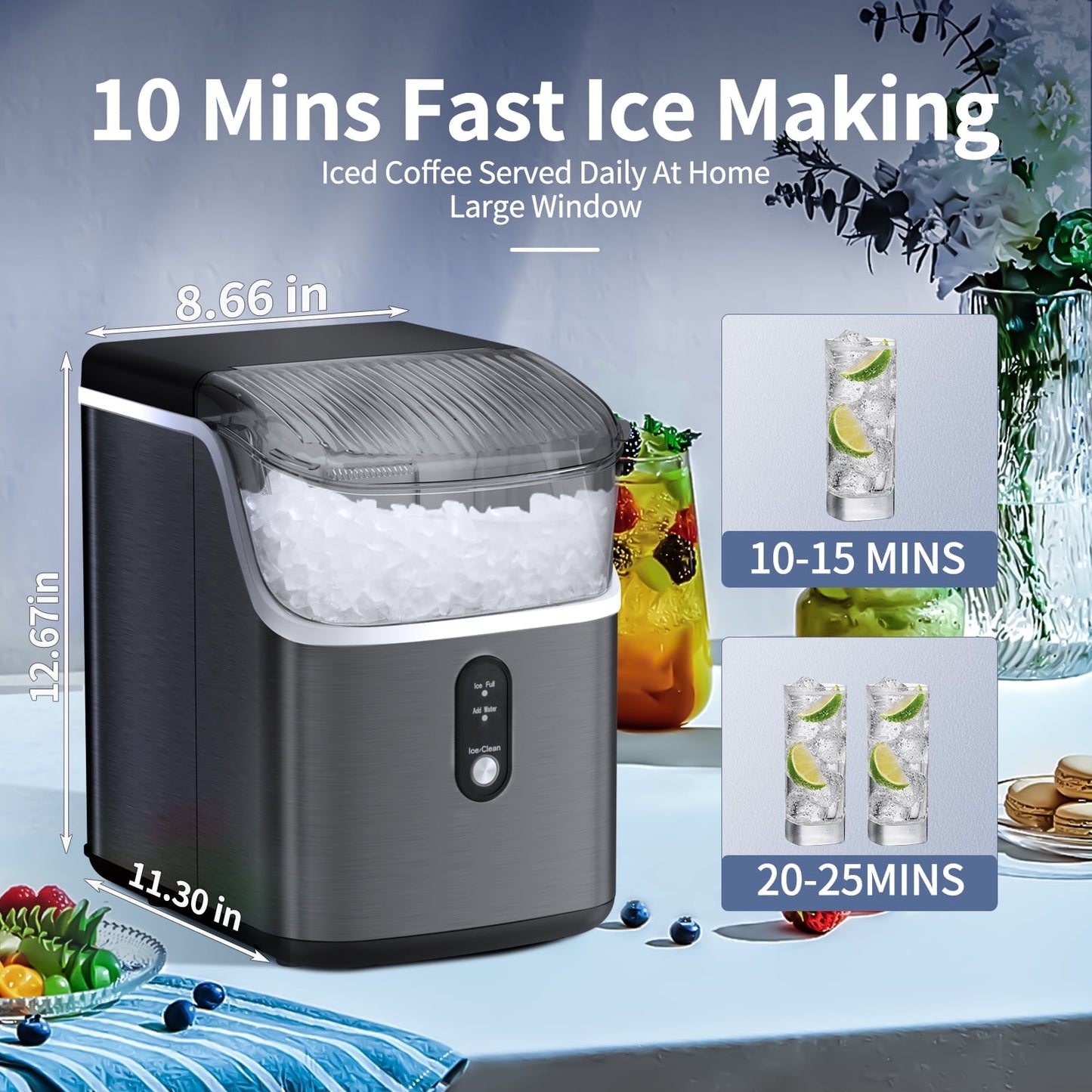 KISSAIR Nugget Ice Maker Countertop, 33lbs/24H, Self-Cleaning Function, Stainless Steel, Portable Sonic Ice Machine for Kitchen/Office, Black