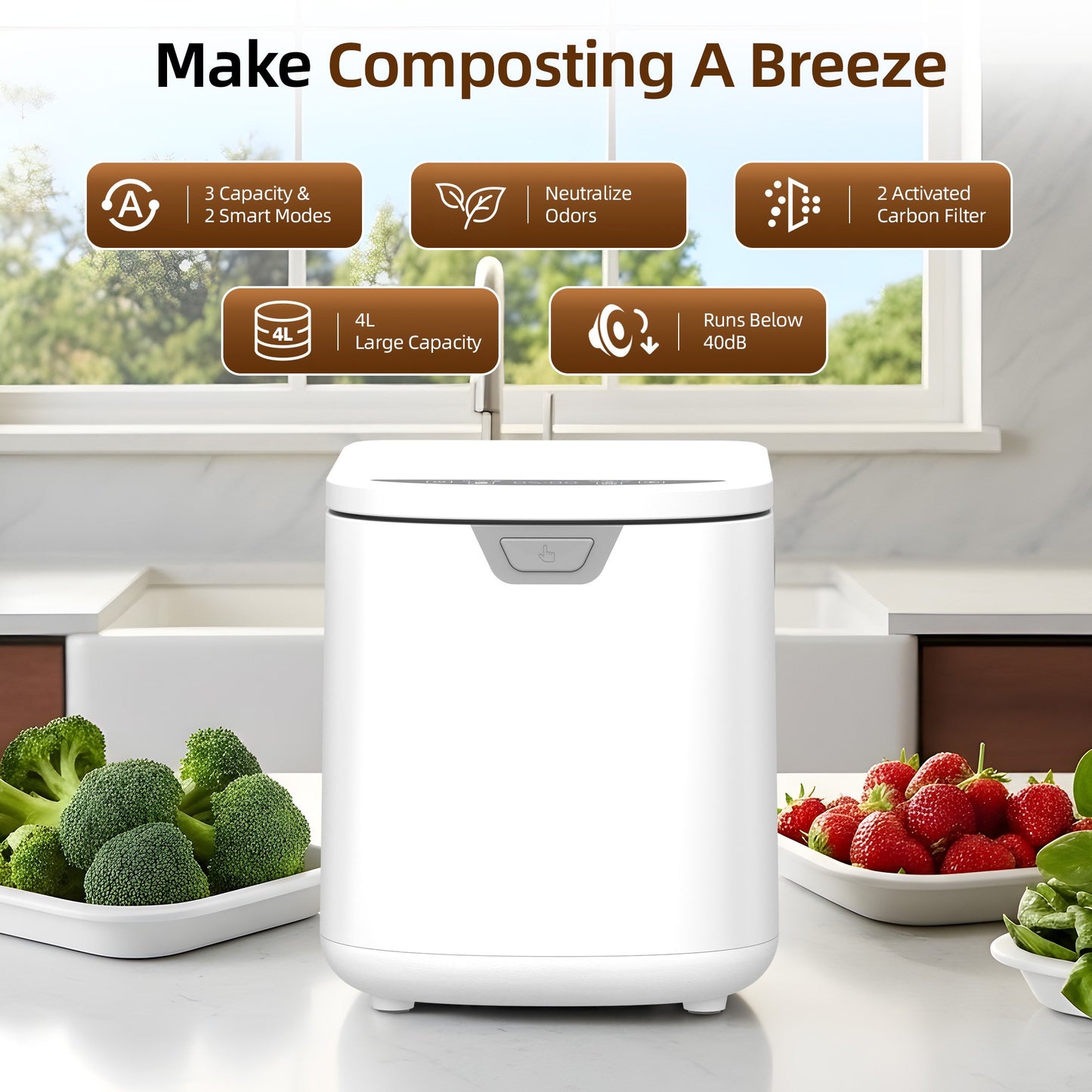 Kissair Smart Electric Composter for Kitchen, 4L Large Capacity Odorless Quiet Indoor Compost Bin 3-5 Hours Food Waste Composting for Gardening