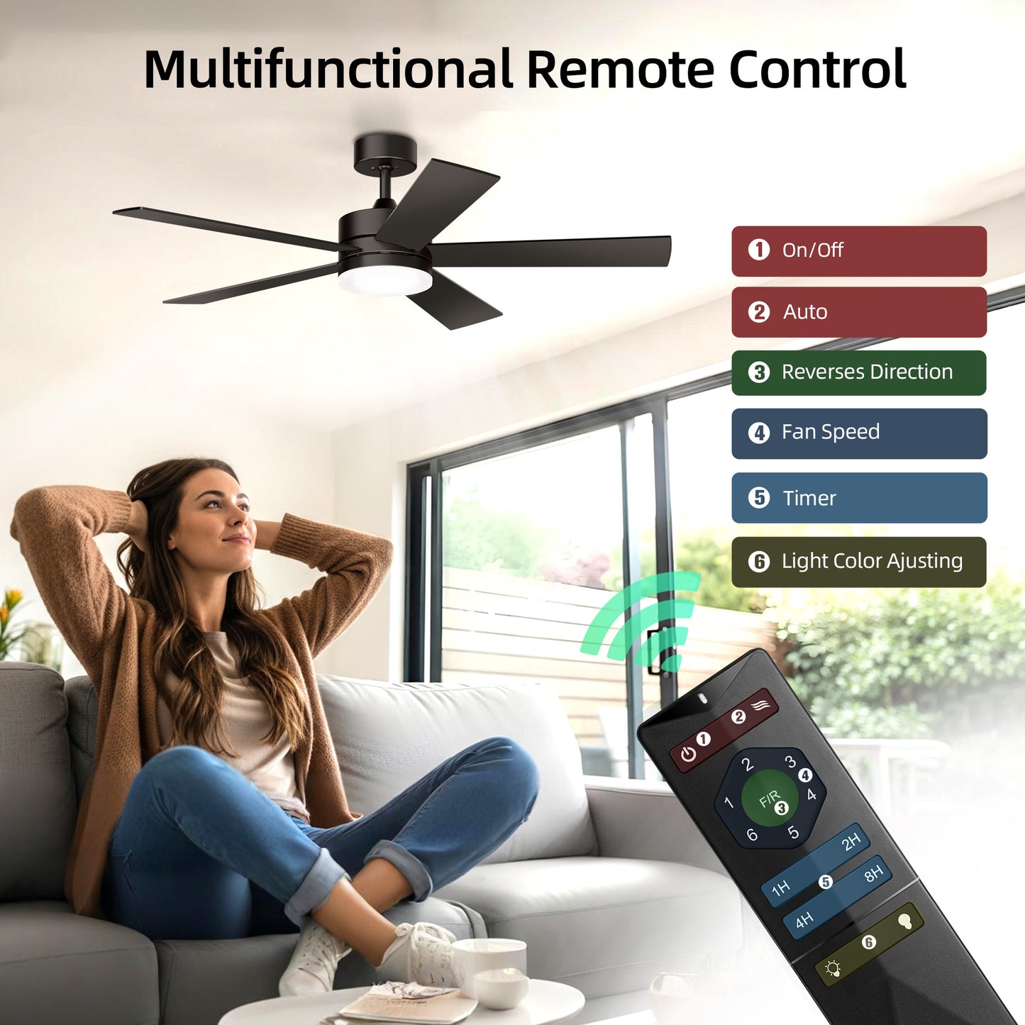 KISSAIR 52 In Ceiling Fan 5 Blades with Light and Remove Control 6 Speeds & Reversible DC Motor,3 Color Dimmable LED, Ultra Quiet 45dB, Timer Function ,Black