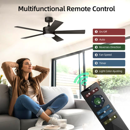 KISSAIR 52 In Ceiling Fan 5 Blades with Light and Remove Control 6 Speeds & Reversible DC Motor,3 Color Dimmable LED, Ultra Quiet 45dB, Timer Function ,Black