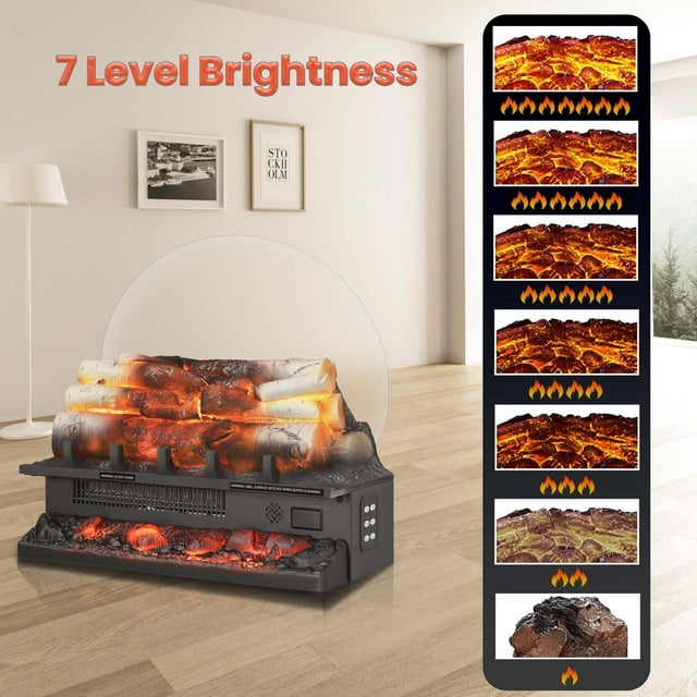 KISSAIR 21" Electric Fireplace Log Set Heater, 5 Flame Speeds, 7 Flame Brightness, Remote Control & Timer, Overheating Protection, 750W/1500W for Home/Office, Whitish Gray Logs