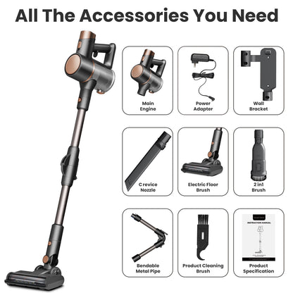 KISSAIR Cordless Vacuum Cleaner rechargeable 50min 2200mah Lightweight Led Display Screen Stick Vacuum Cleaners for Home Hardwood Floor Carpet Pet Hair, Grey
