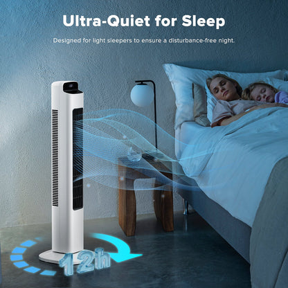 KISSAIR Ultra Quiet Tower Fan, 36 Inch Oscillating Fan with Remote Control, 5 Speed & 3 Modes, 12H Timer, 80° Wide-Angle Cooling for Large Bedroom, Office, Home - Easy Assembly, White