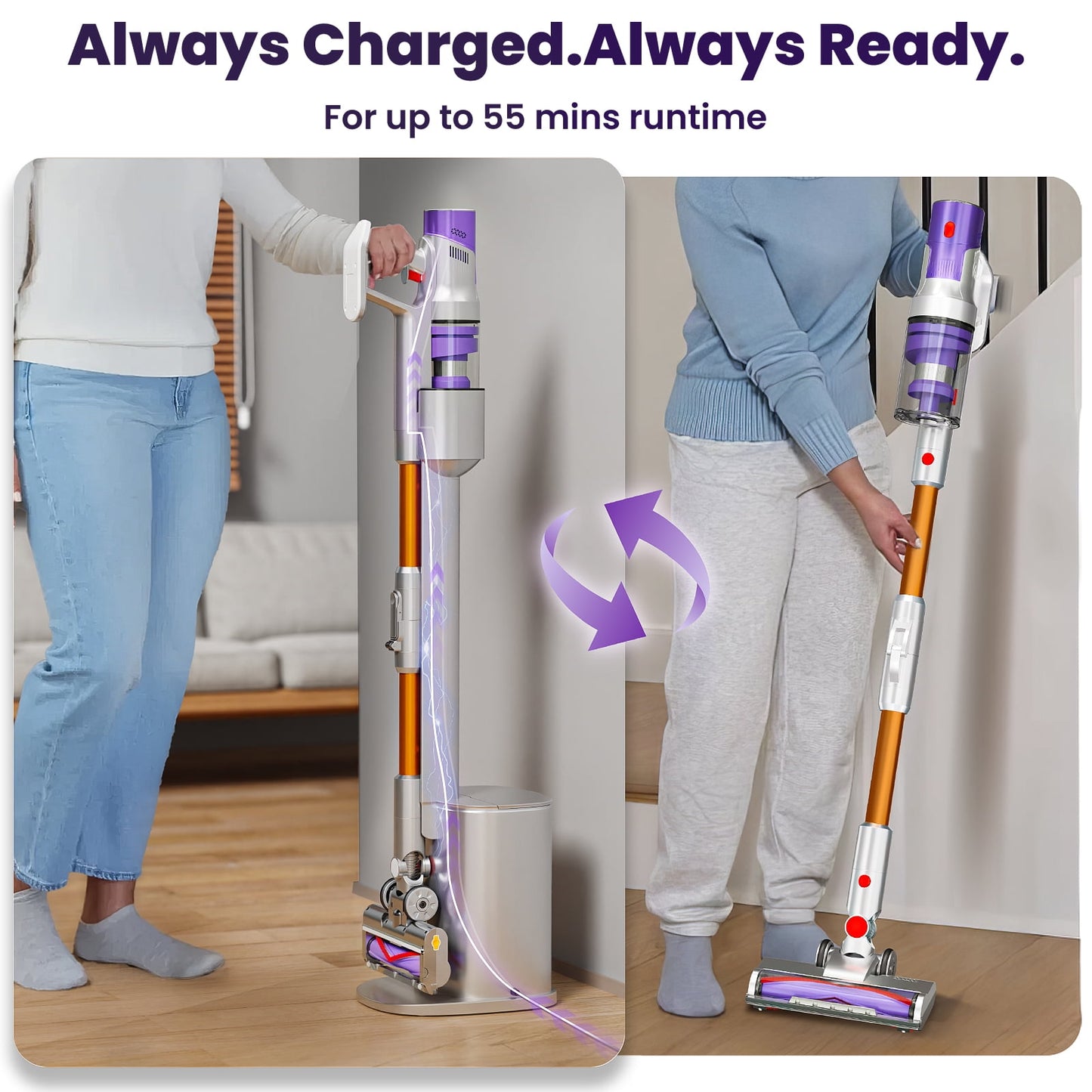 KISSAIR Clean & Empty Cordless Stick Vacuum – Lightweight Cordless with HEPA Filter, Portable, Rechargeable, Auto-Empty System, Stick Vacuum for Pet Hair, Carpets & Hardfloor, Purple