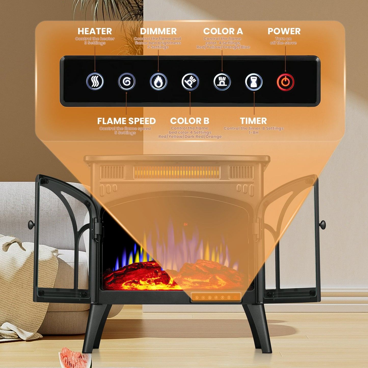 KISSAIR 25'' Electric Fireplace Heater, Overheat Protection Design, 3D Realistic Flame Effect, Independent Remote Control Fireplace, 500W/1500W, GREY