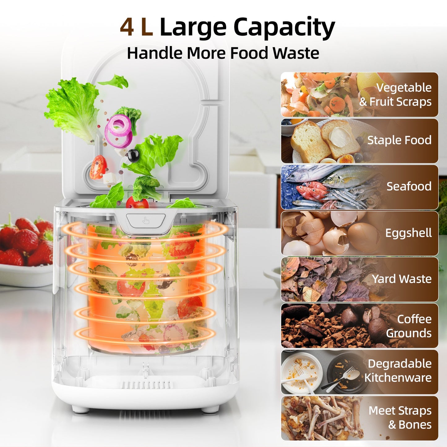 Kissair Smart Electric Composter for Kitchen, 4L Large Capacity Odorless Quiet Indoor Compost Bin 3-5 Hours Food Waste Composting for Gardening