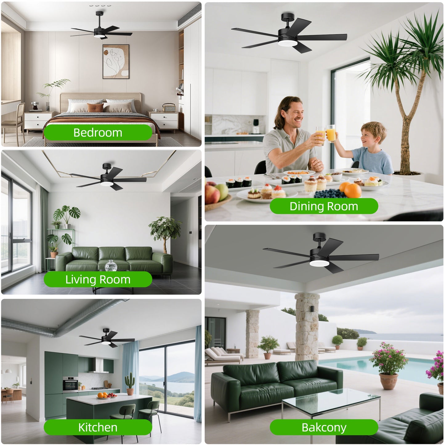KISSAIR 52 In Ceiling Fan 5 Blades with Light and Remove Control 6 Speeds & Reversible DC Motor,3 Color Dimmable LED, Ultra Quiet 45dB, Timer Function ,Black