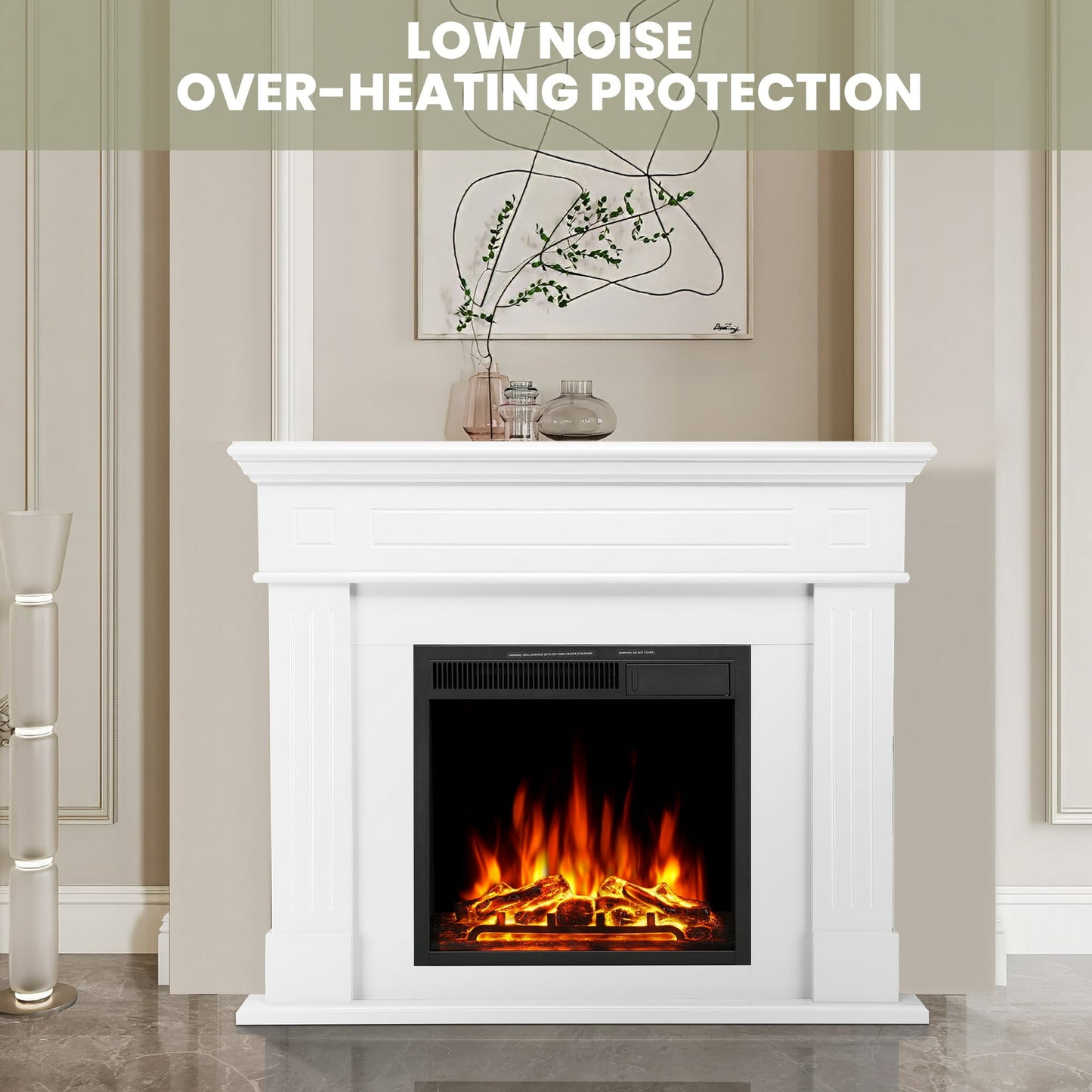 KISSAIR Electric Fireplace Mantel Package Wooden Surround Firebox Electric Fireplace Heater with Logs, Adjustable Led Flame, Remote Control, 750W-1500W, White