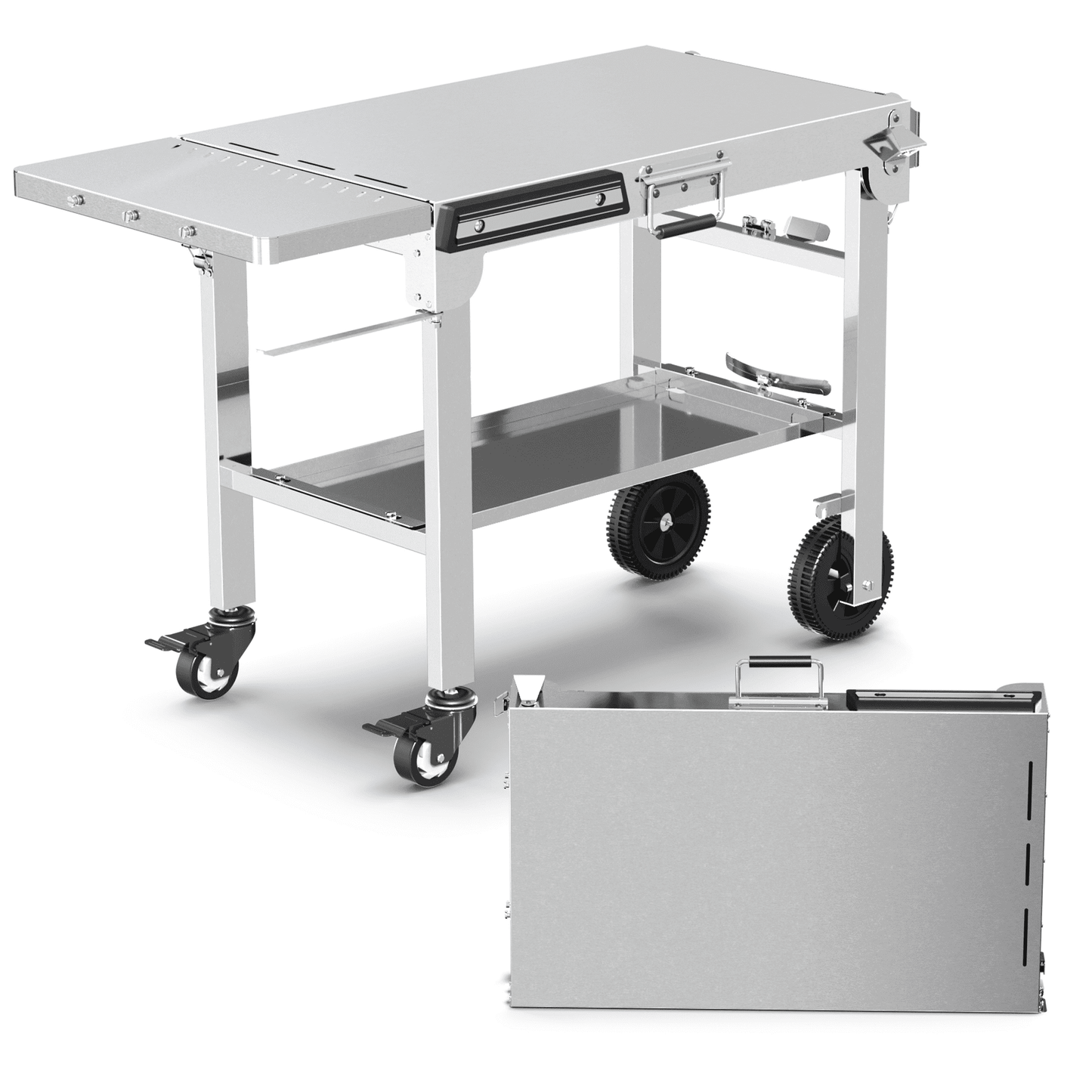 LHRIVER Folding Outdoor Grill Cart, Stainless Steel Portable BBQ Dining Table with Double-Shelf, Mobile Multifunctional Food Prep Station
