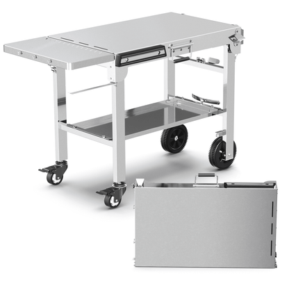 LHRIVER Folding Outdoor Grill Cart, Stainless Steel Portable BBQ Dining Table with Double-Shelf, Mobile Multifunctional Food Prep Station