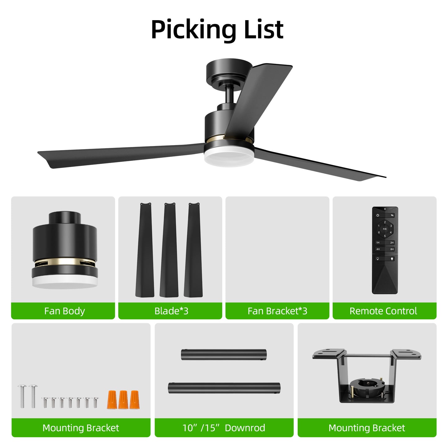 KISSAIR 52 In Ceiling Fan 5 Blades with Light and Remove Control 6 Speeds & Reversible DC Motor,3 Color Dimmable LED, Ultra Quiet 45dB, Timer Function ,Black