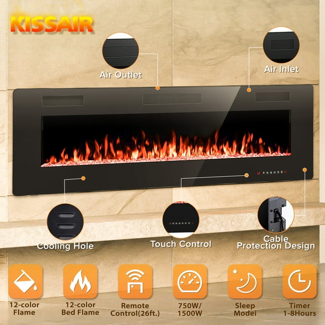KISSAIR 60" Electric Fireplace in-Wall Recessed and Wall Mounted 1500W Fireplace Heater and Linear Fireplace with Timer/Multicolor Flames/Touch Screen/Remote Control (Black)