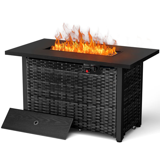 Kissair 42" Propane Fire Pit Table , 50,000 BTU Gas Outdoor Fire Pit, Large Rectangle Black Firepits Dining Table with Glass Wind Guard for Patio, Garden & Backyard ,Black