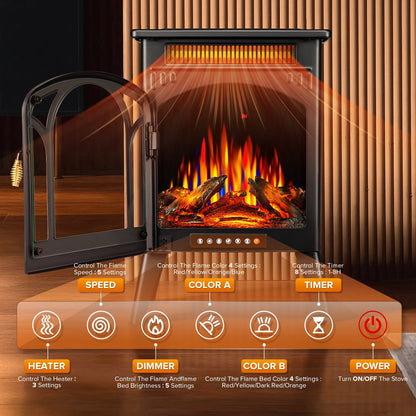 KISSAIR All-metal Electric Fireplace Heater 16", Frame Freestanding Stove, 3D Flame, Remote Control, 500W/1500W, Black