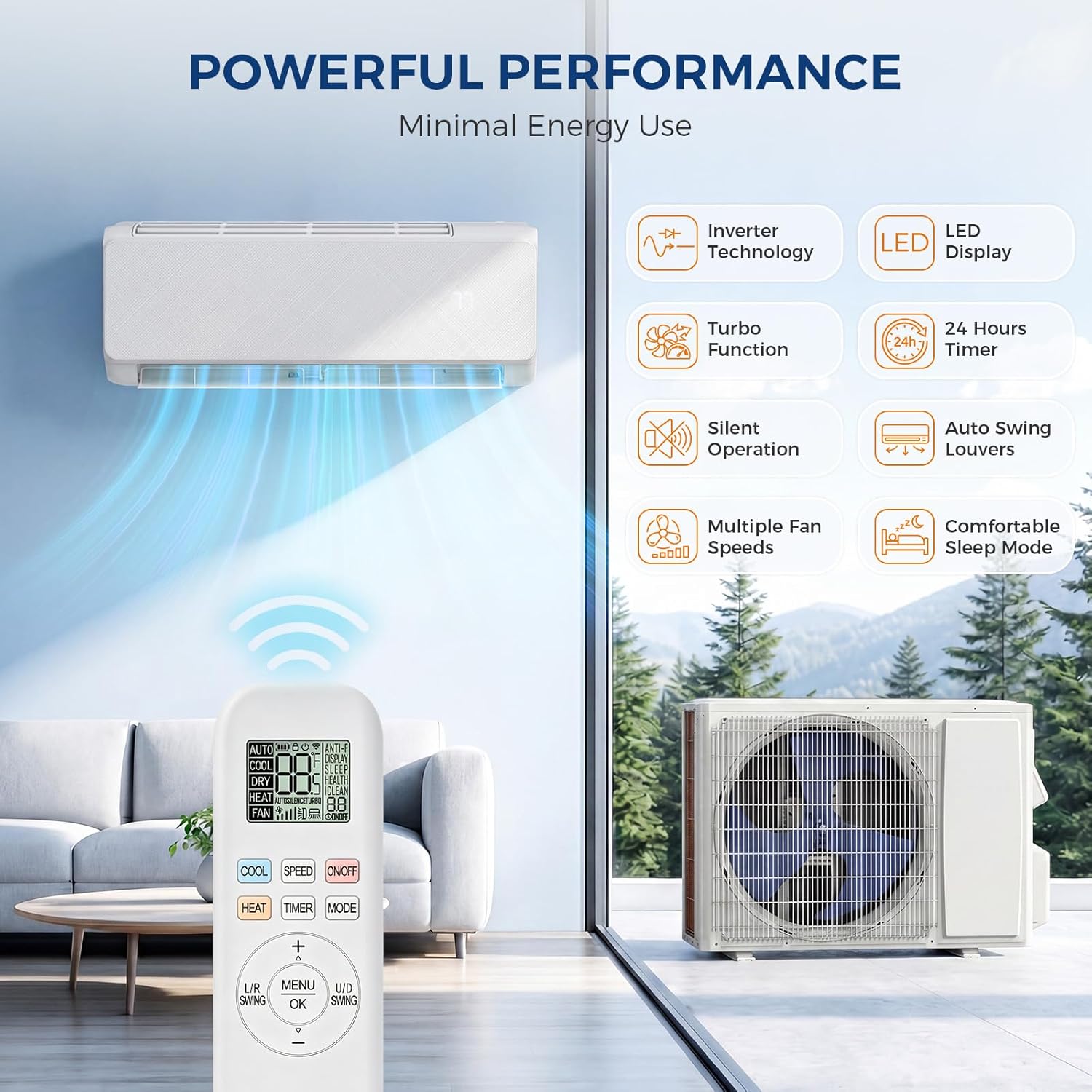 Mini Split Air Conditioner Heat Pump, 19 SEER2 Inverter System, WiFi Alexa Voice Control SE7203SP