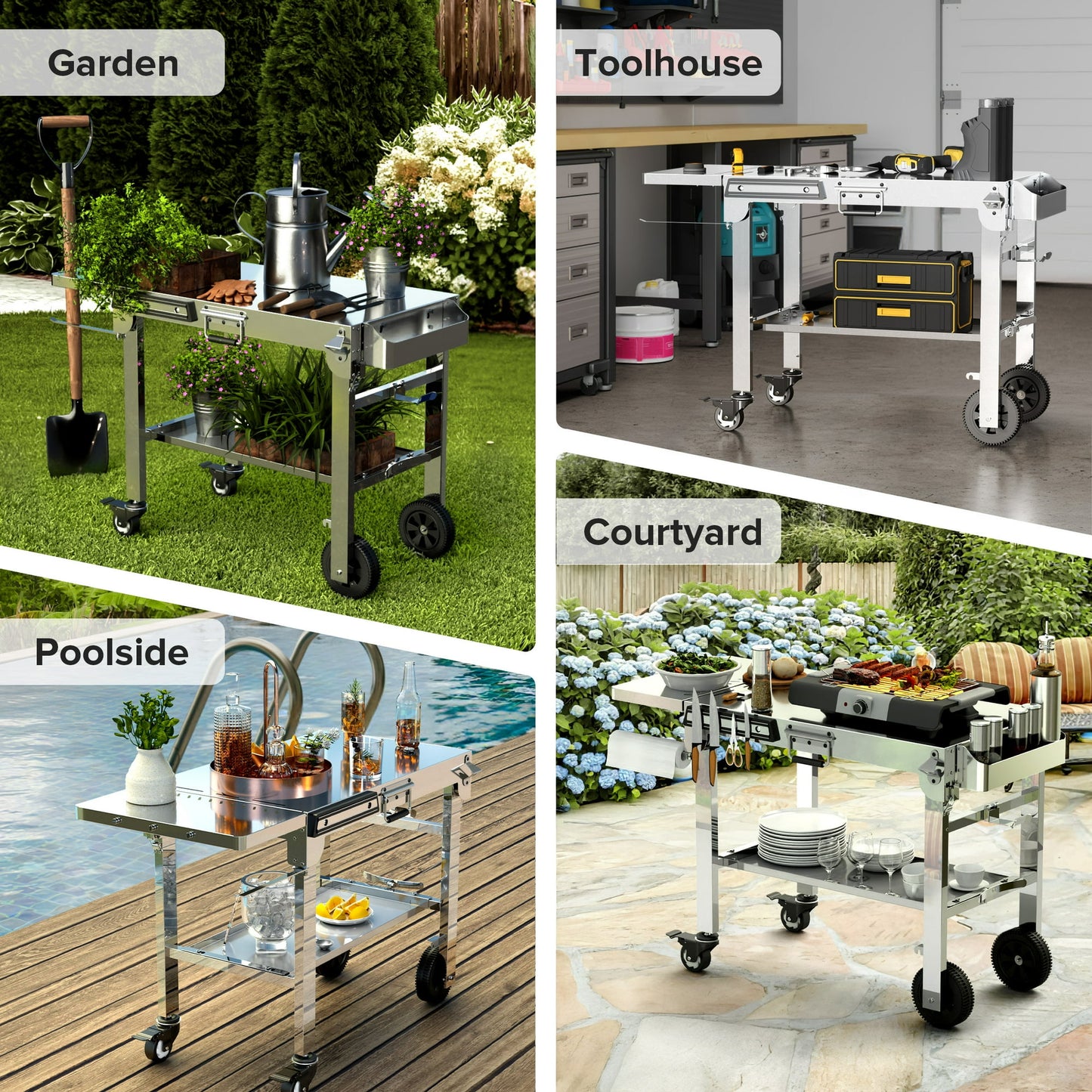 LHRIVER Folding Outdoor Grill Cart, Stainless Steel Portable BBQ Dining Table with Double-Shelf, Mobile Multifunctional Food Prep Station