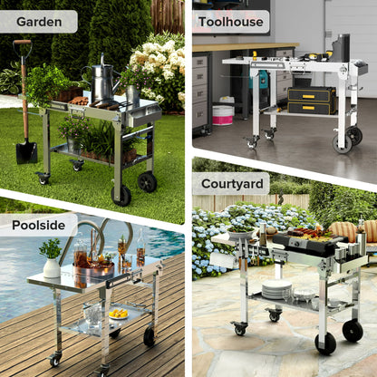 LHRIVER Folding Outdoor Grill Cart, Stainless Steel Portable BBQ Dining Table with Double-Shelf, Mobile Multifunctional Food Prep Station