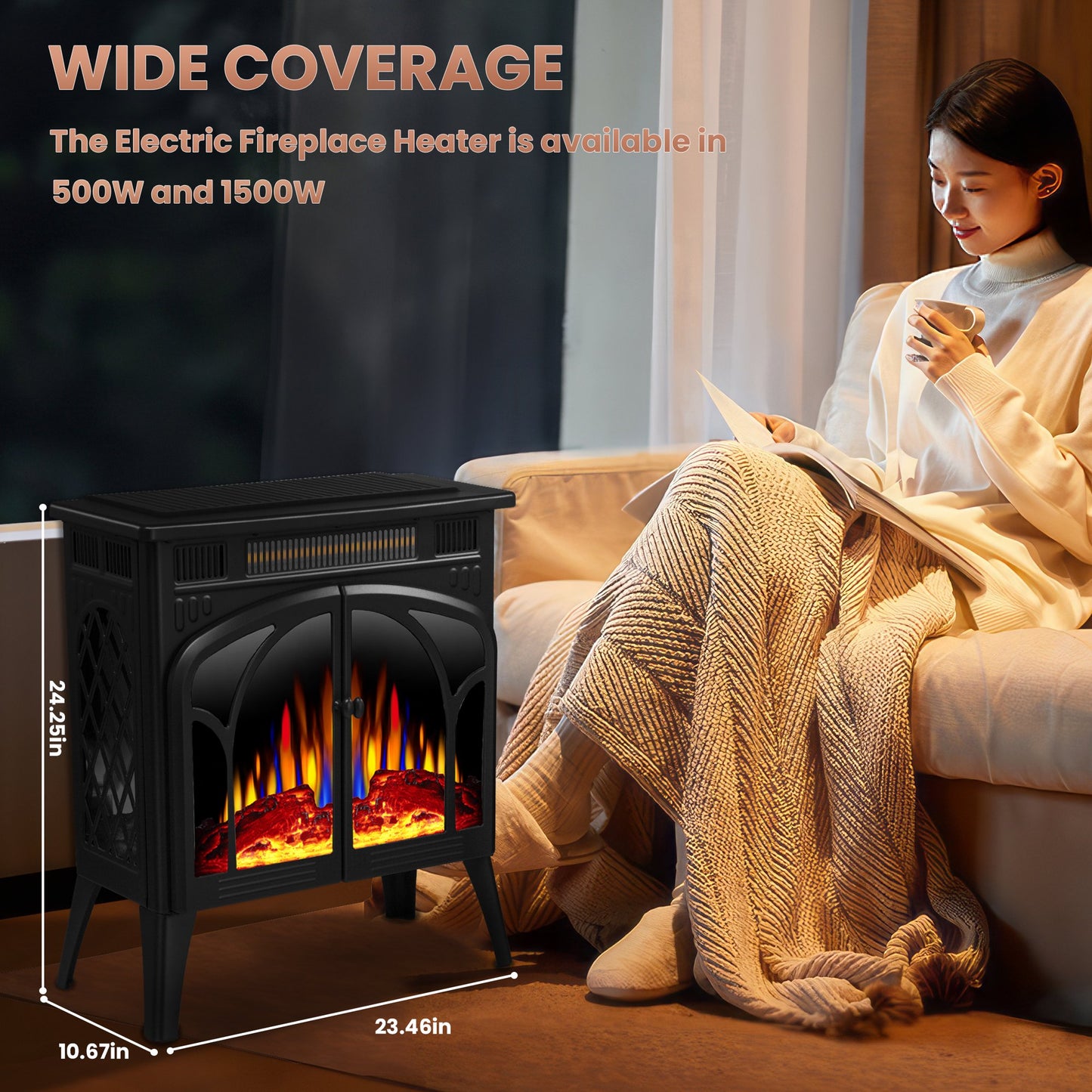 KISSAIR 25'' Electric Fireplace Heater, Overheat Protection Design, 3D Realistic Flame Effect, Independent Remote Control Fireplace, 500W/1500W, BLACK