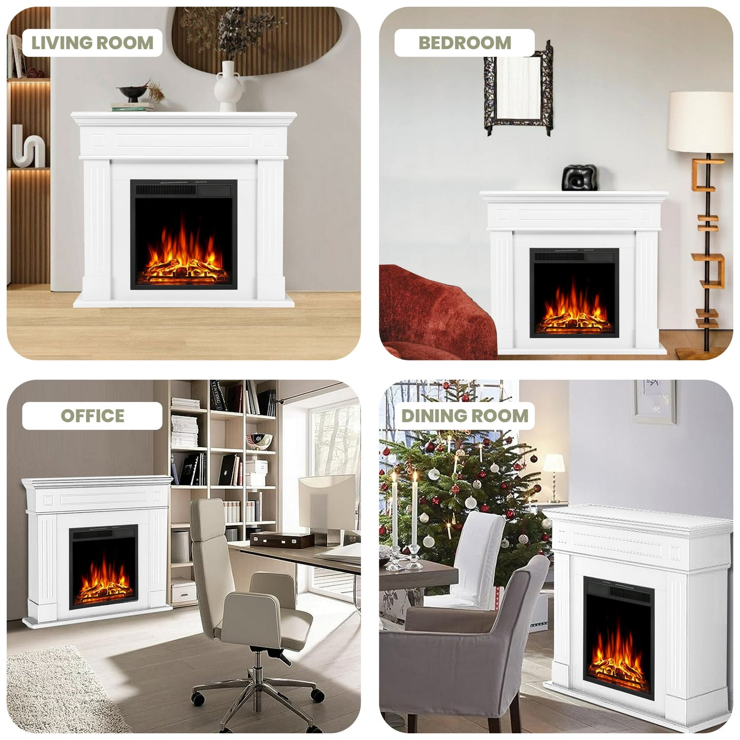 KISSAIR Electric Fireplace Mantel Package Wooden Surround Firebox Electric Fireplace Heater with Logs, Adjustable Led Flame, Remote Control, 750W-1500W, White