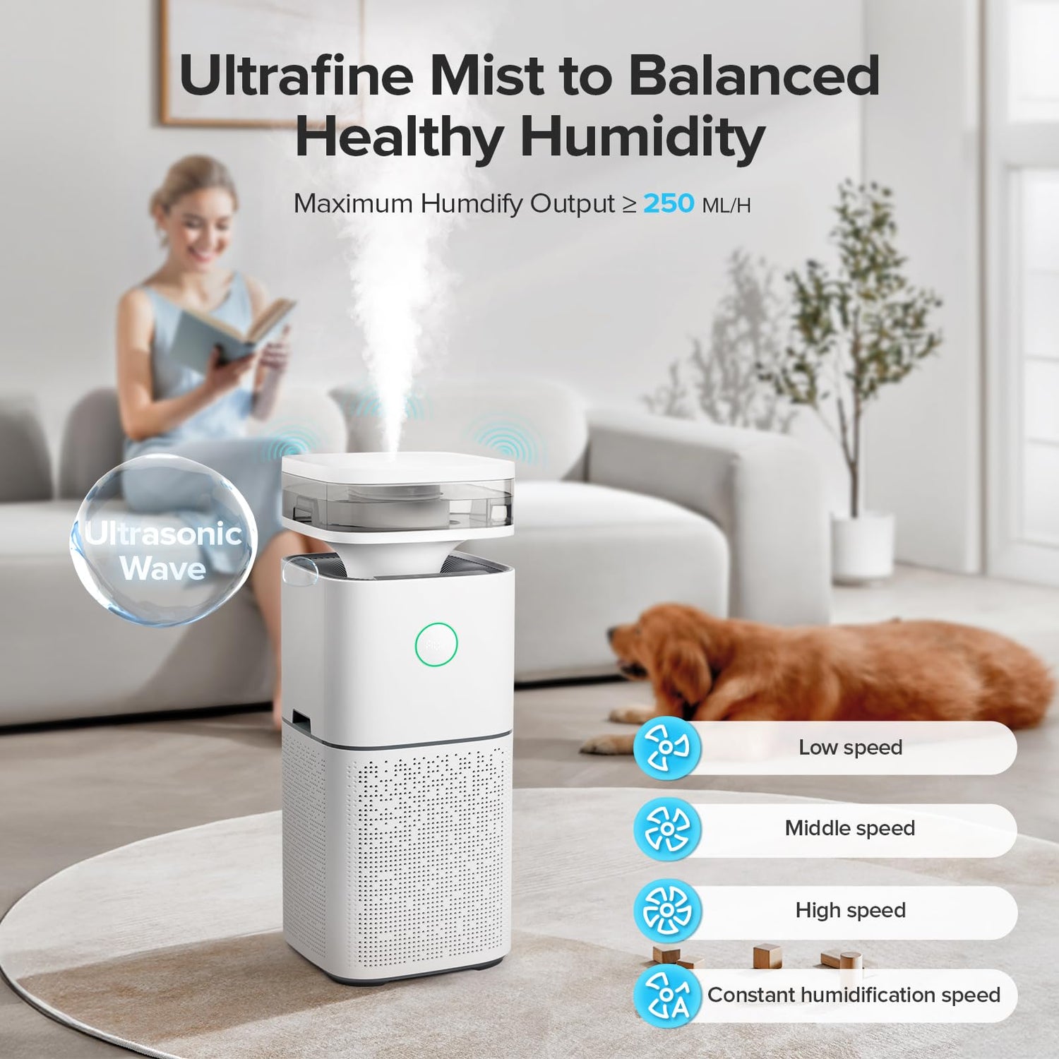 Air Purifier and Humidifier Combo for Large Rooms up to 2676 Ft² with HEPA Filter AP3716-WHITE