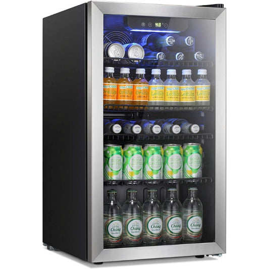Antarctic Star Beverage Refrigerator Cooler -100 Can Mini Fridge Glass Door for Soda Beer or Wine Constant Glass Door Small Drink Dispenser Clear Front Door for Home, Bar 3.2cu.ft (Silver)