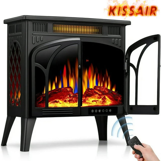 KISSAIR Electric Fireplace Heater 25’’ with 3D Realistic Flame Effect, Freestanding Fireplace with Remote Control, 500W/1500W,- Black