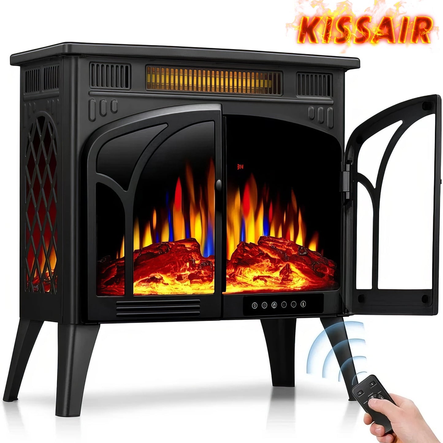 KISSAIR 25'' Electric Fireplace Heater, Overheat Protection Design, 3D Realistic Flame Effect, Independent Remote Control Fireplace, 500W/1500W, BLACK