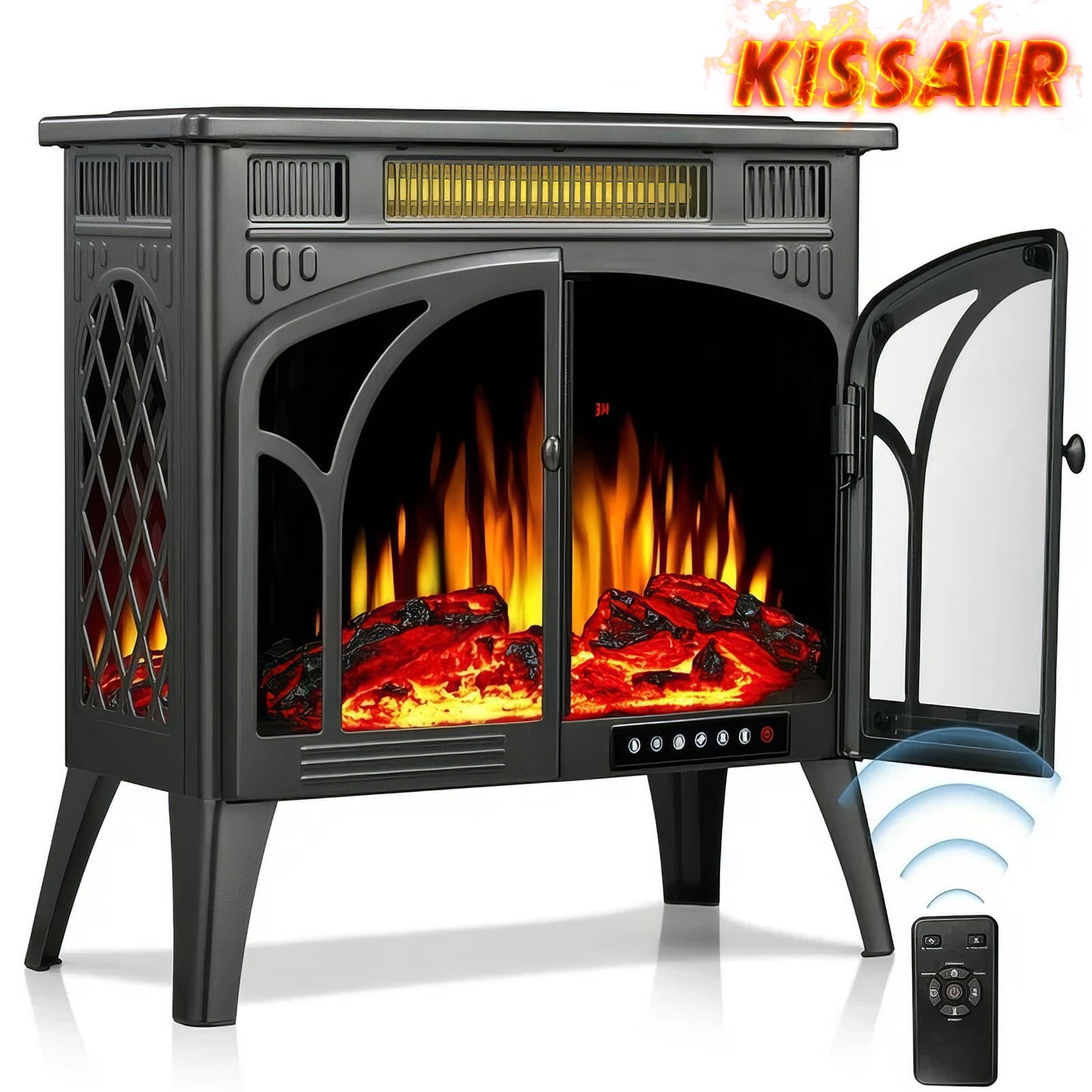 KISSAIR 25'' Electric Fireplace Heater, Overheat Protection Design, 3D Realistic Flame Effect, Independent Remote Control Fireplace, 500W/1500W, GREY