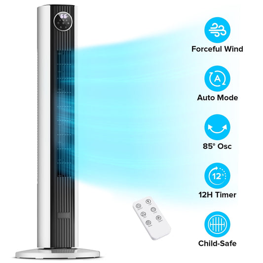 KISSAIR 35" Oscillating Tower Fan, Bladeless Floor Fan with Remote, 4 Modes & 3 Speeds, 12H Timer, Quiet & Family-Safe, LED Display, 85° Wide Cooling for Bedroom & Home (Black - White mix)
