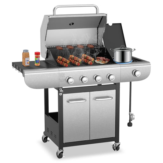 KISSAIR(44000+9000BTU) LPG Barbecue Grill, 4+1 Burner, Stainless Steel, Outdoor Picnic/Camping/Family Gathering/Group Building, Silver