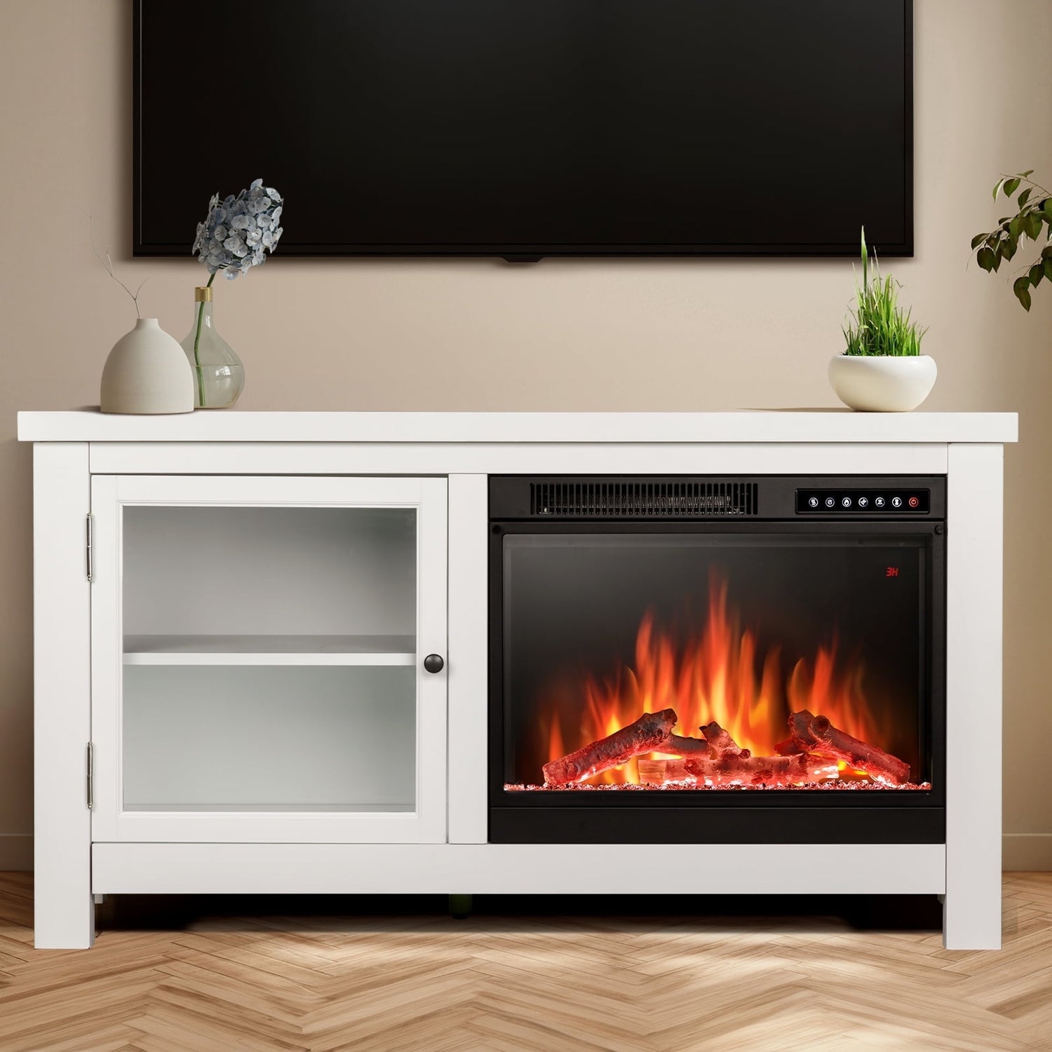 KISSAIR 48'' Electric Fireplace Mantel, Remote Control, Adjustable LED Flame, 750W/1500W Free Standing Fireplace（White）