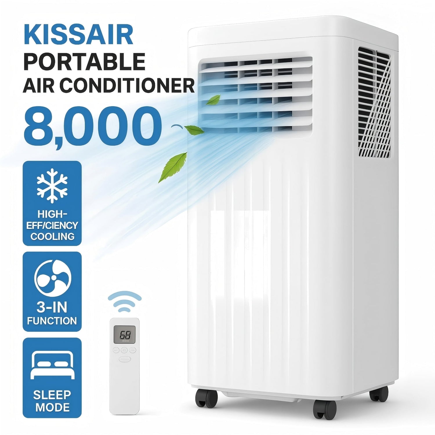 KISSAIR Portable Air Conditioner 8000 BTU Ashrae, 4-in-1 Portable AC, Dehumidifier & Fan with 24-Hour Timer/Remote
